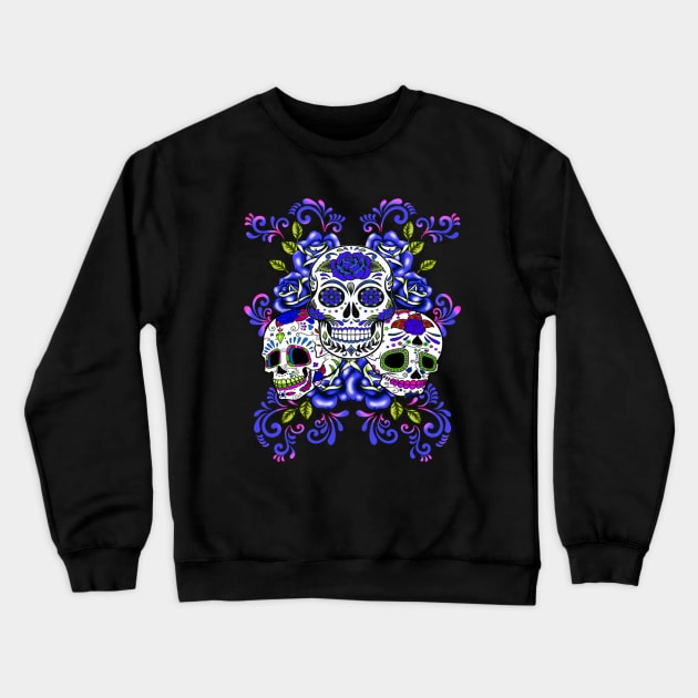 Triple Skull Blue Floral Day Of The Dead Sugar Skulls Crewneck Sweatshirt by Atteestude